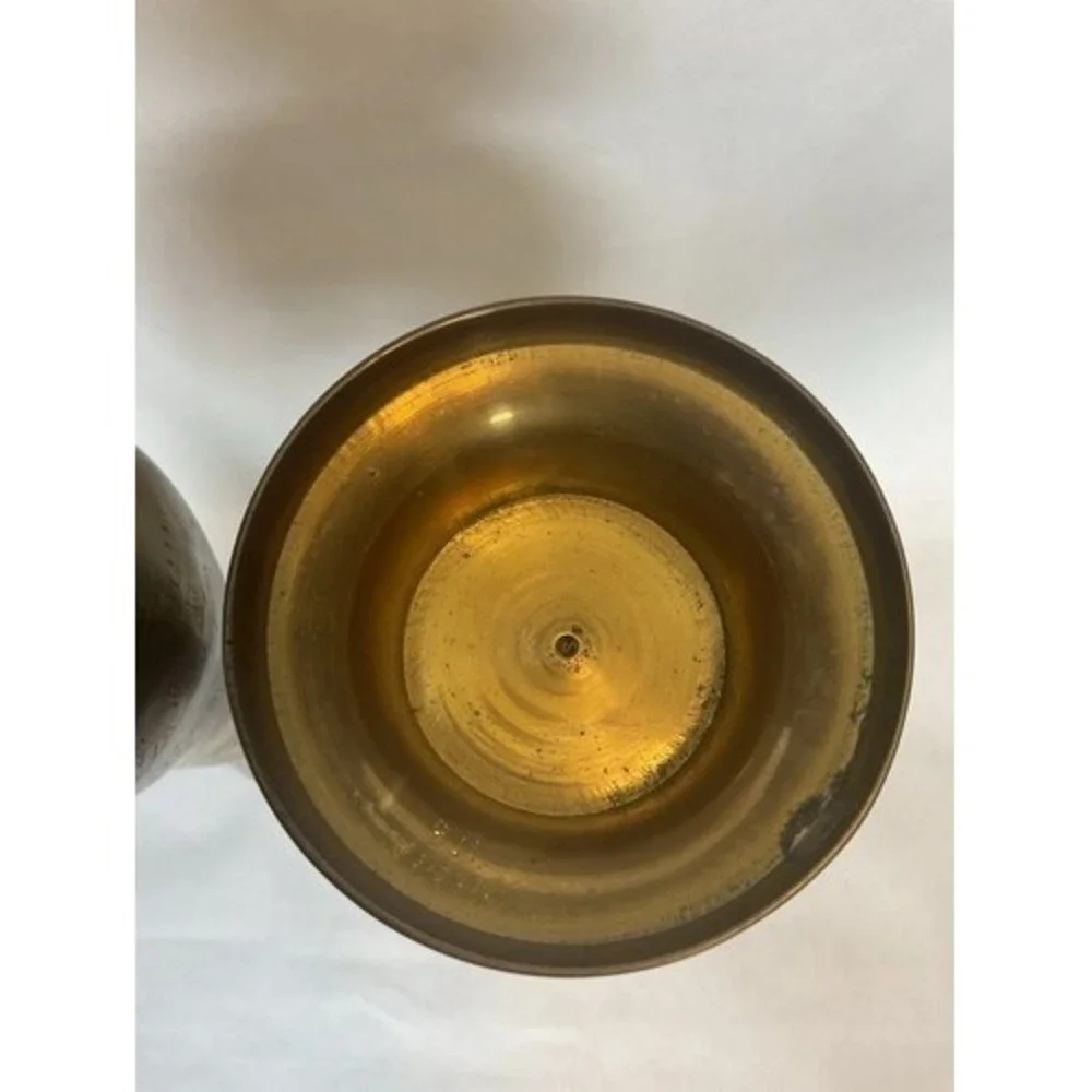 Vintage Set of 2 Brass Hand Etched Multicolored Flower Bud Vases 12